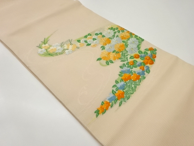 紗 曲線に花々模様織出し開き名古屋帯（額縁仕立て）